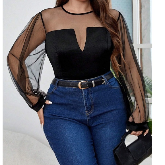 Plus Black Semi Sheer Long Sleeve top - Picture 3 of 5